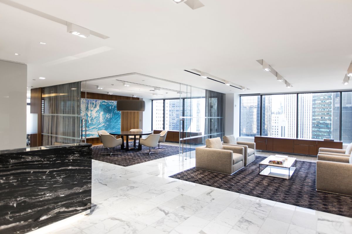 Modern lobby with marble tile floor, counter
